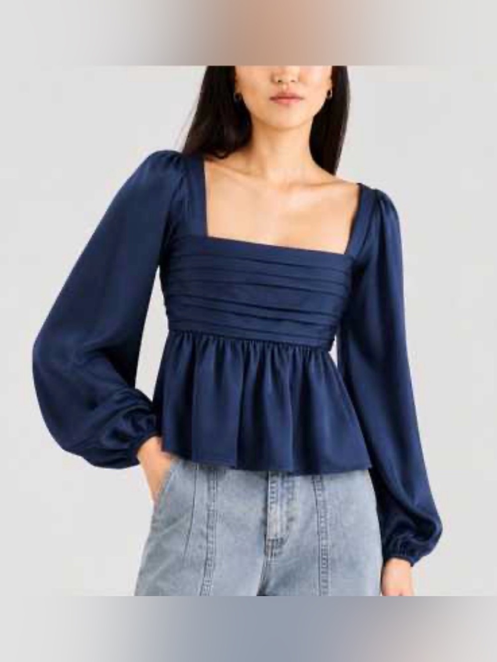Abercrombie & Fitch Women’s Emerson Satin Square-Neck Long-Sleeve Navy Top Small